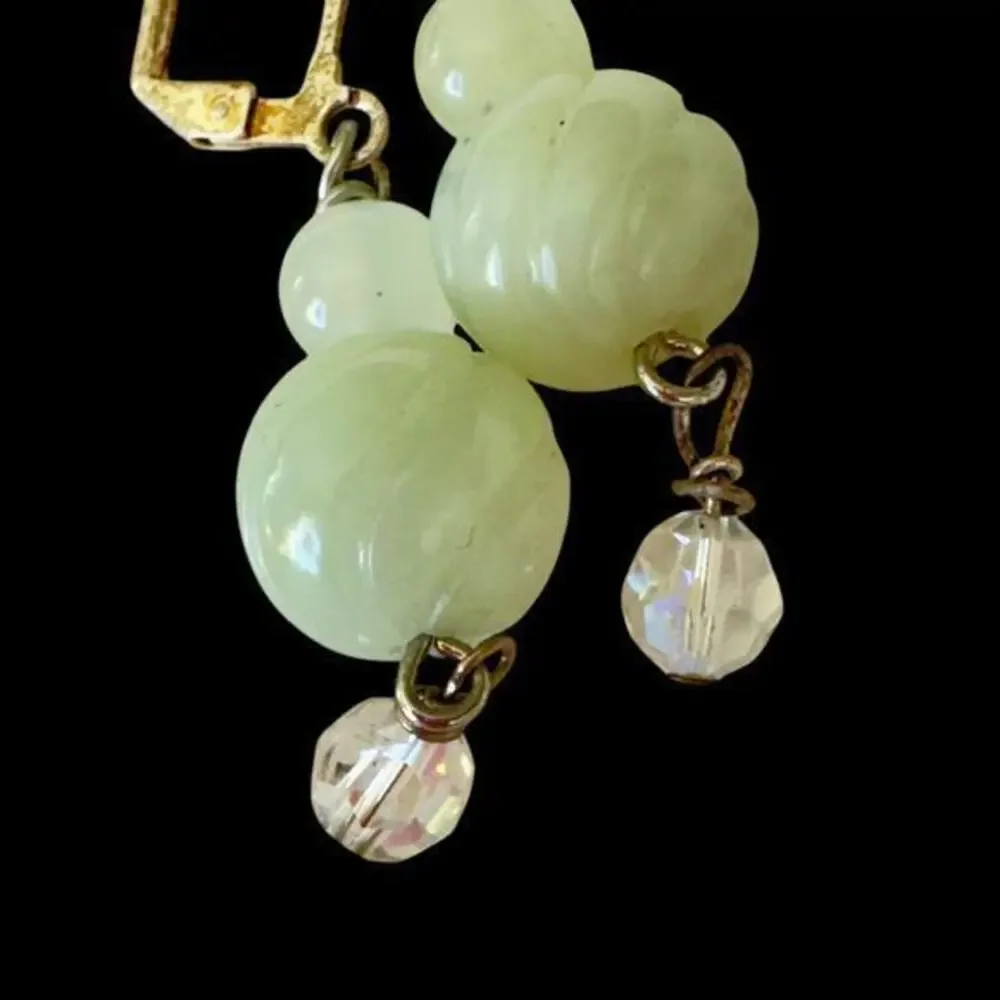 Vintage Green Carved Jadeite Jade Dangle Earrings Estate Jewelry 1990’s